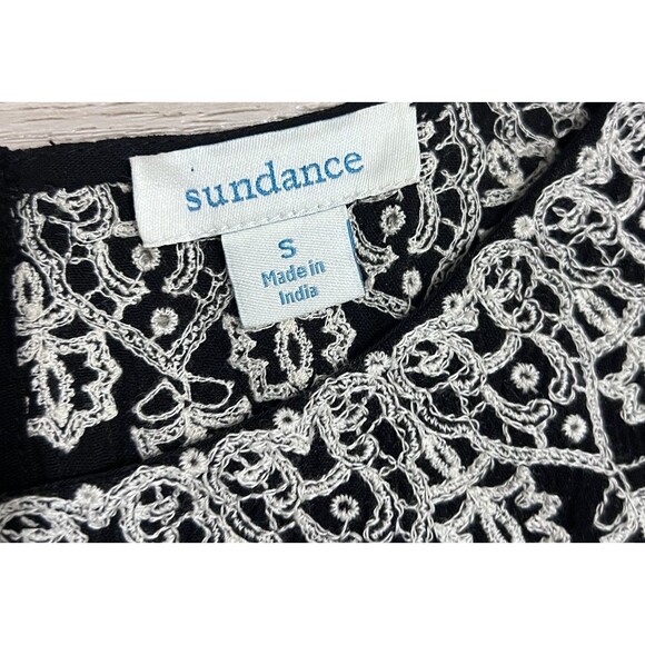 SUNDANCE Palace Shift Midi Dress Black Bell Sleeve Embroidered Scallop Hem Small - Picture 3 of 14